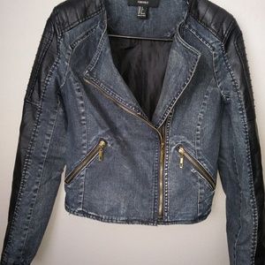 Black Leather and Denim Moto Jean Jacket
